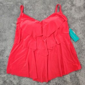 Aqua Green Tankini Women 16W Coral Red 868050W Tiered Ruffle Flyaway Swim Top